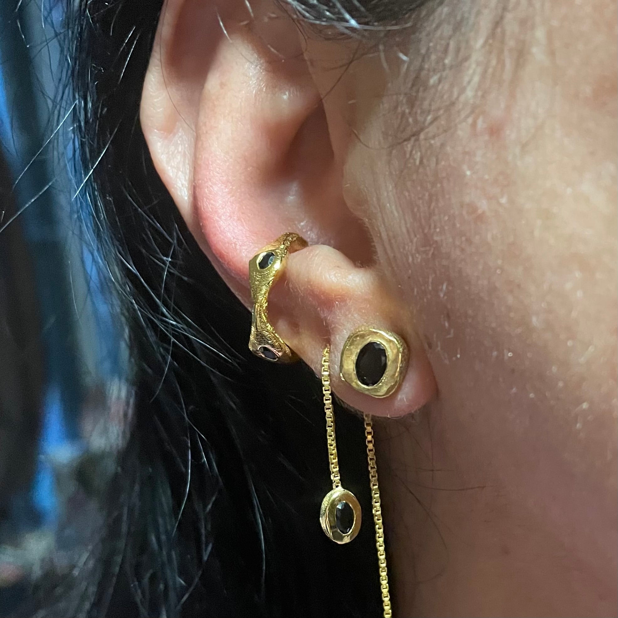 On ear, Black Onyx gold vermeil ear cuff, threader and stud by Amy Delson