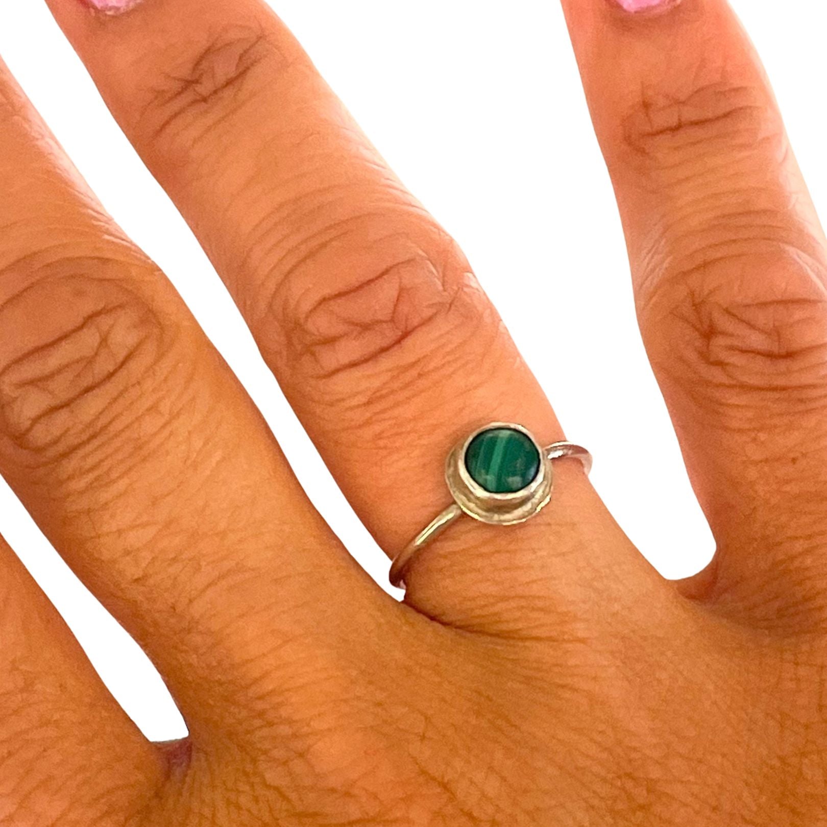 On hand Sterling silver malachite ring by Amy Delson