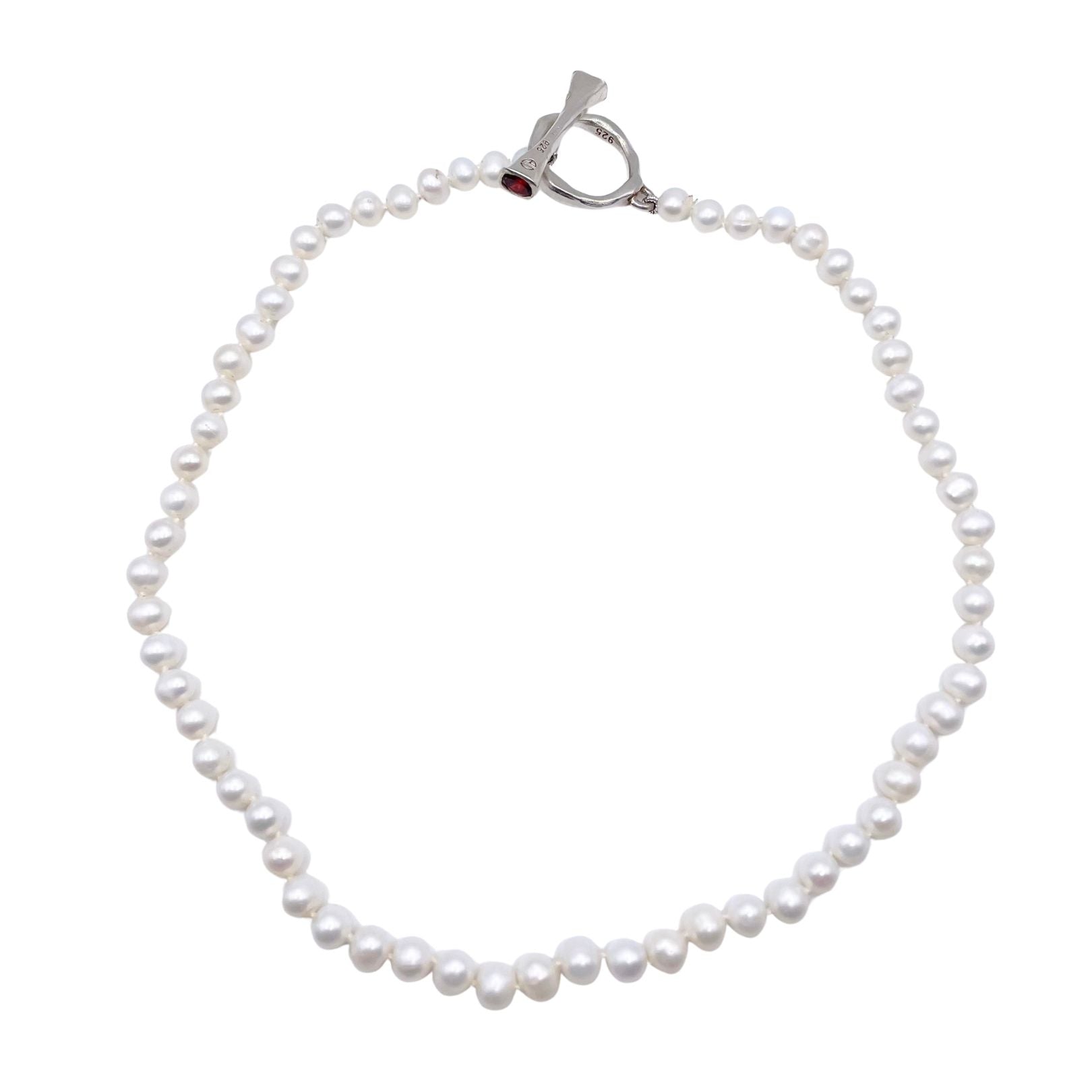 Pearl necklace with silver toggle with garnets by Amy Delson
