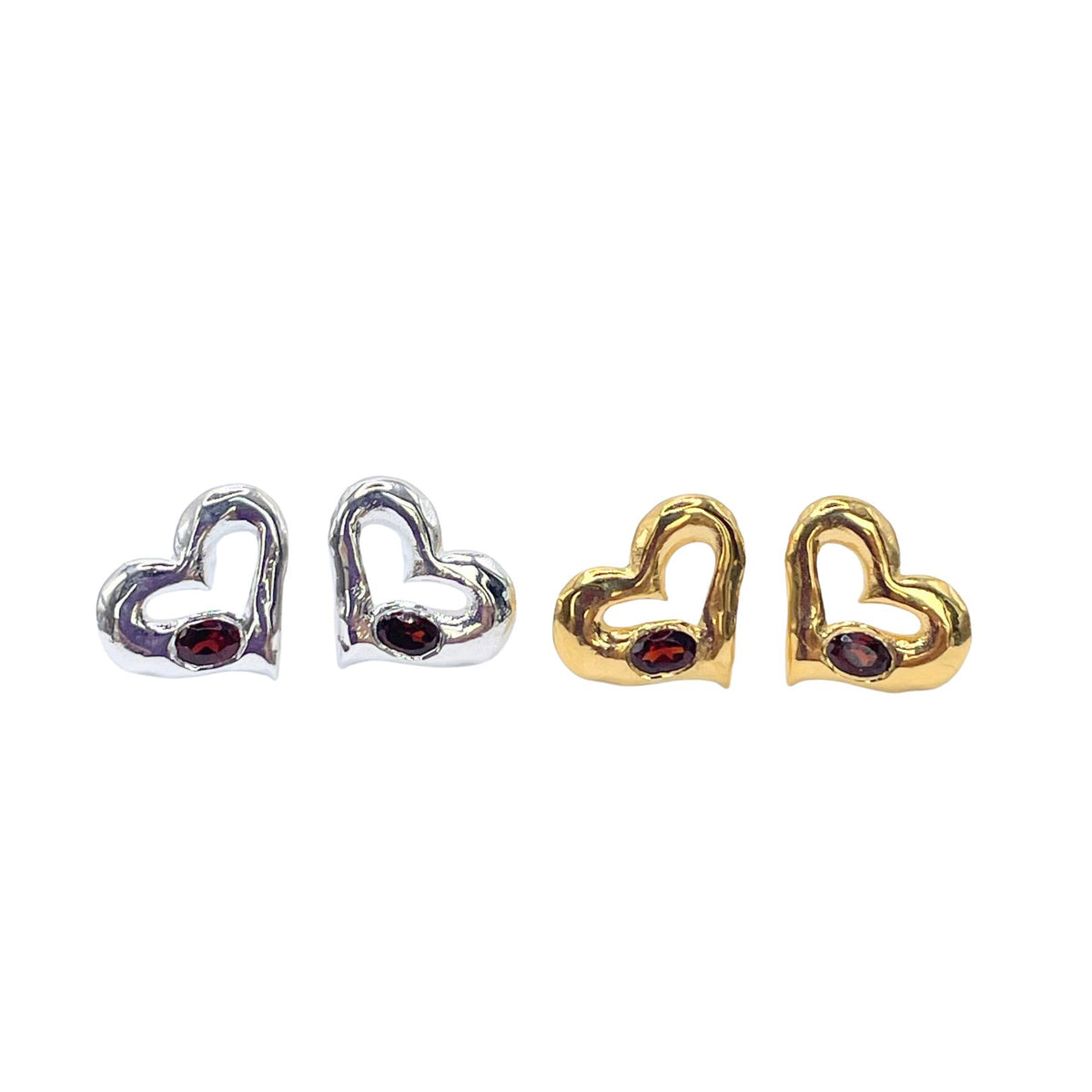 Silver and gold garnet heart stud earrings by Amy Delson