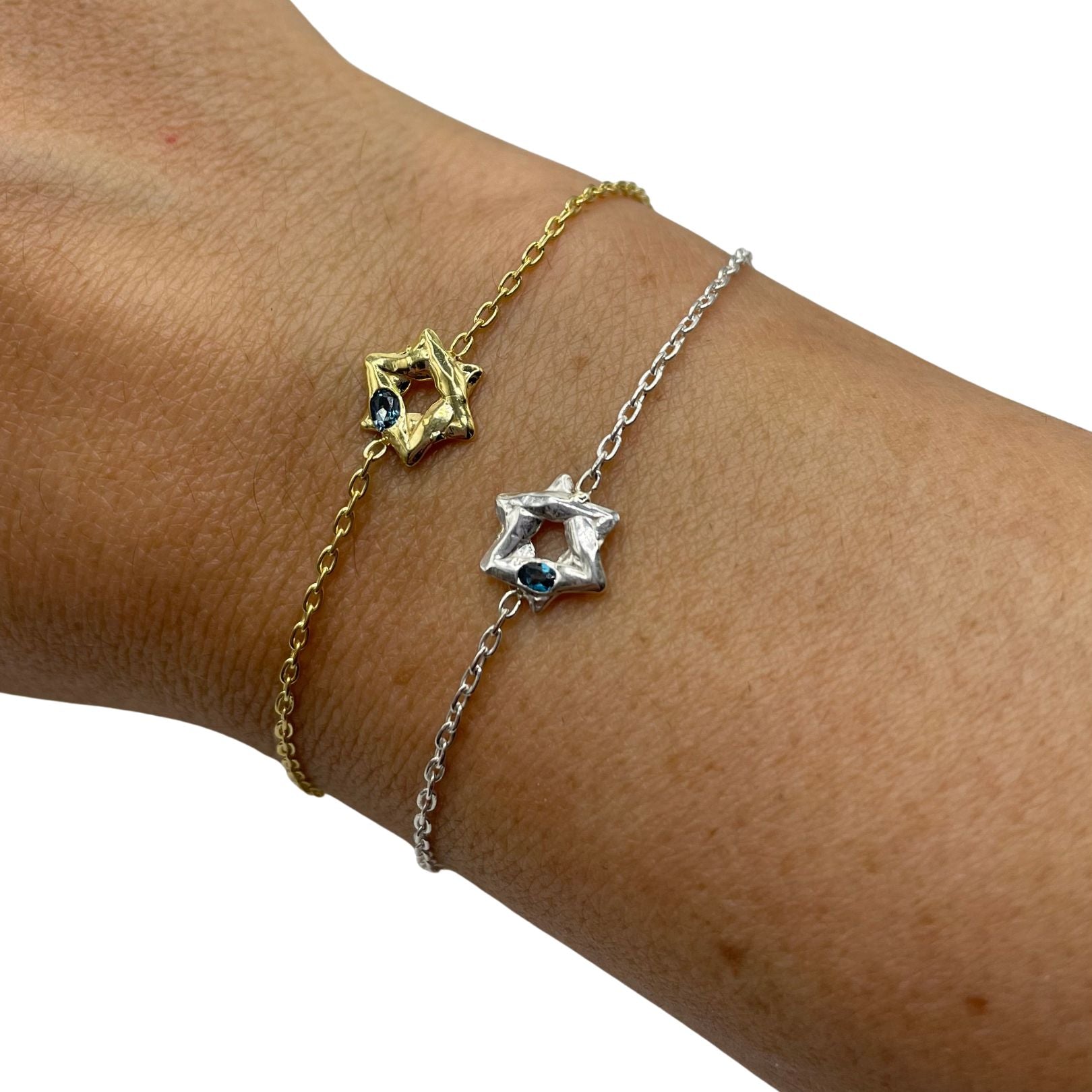 Sterling Silver and Gold Vermeil Star of David Bracelets with London Blue Topaz by Amy Delson shown on wrist
