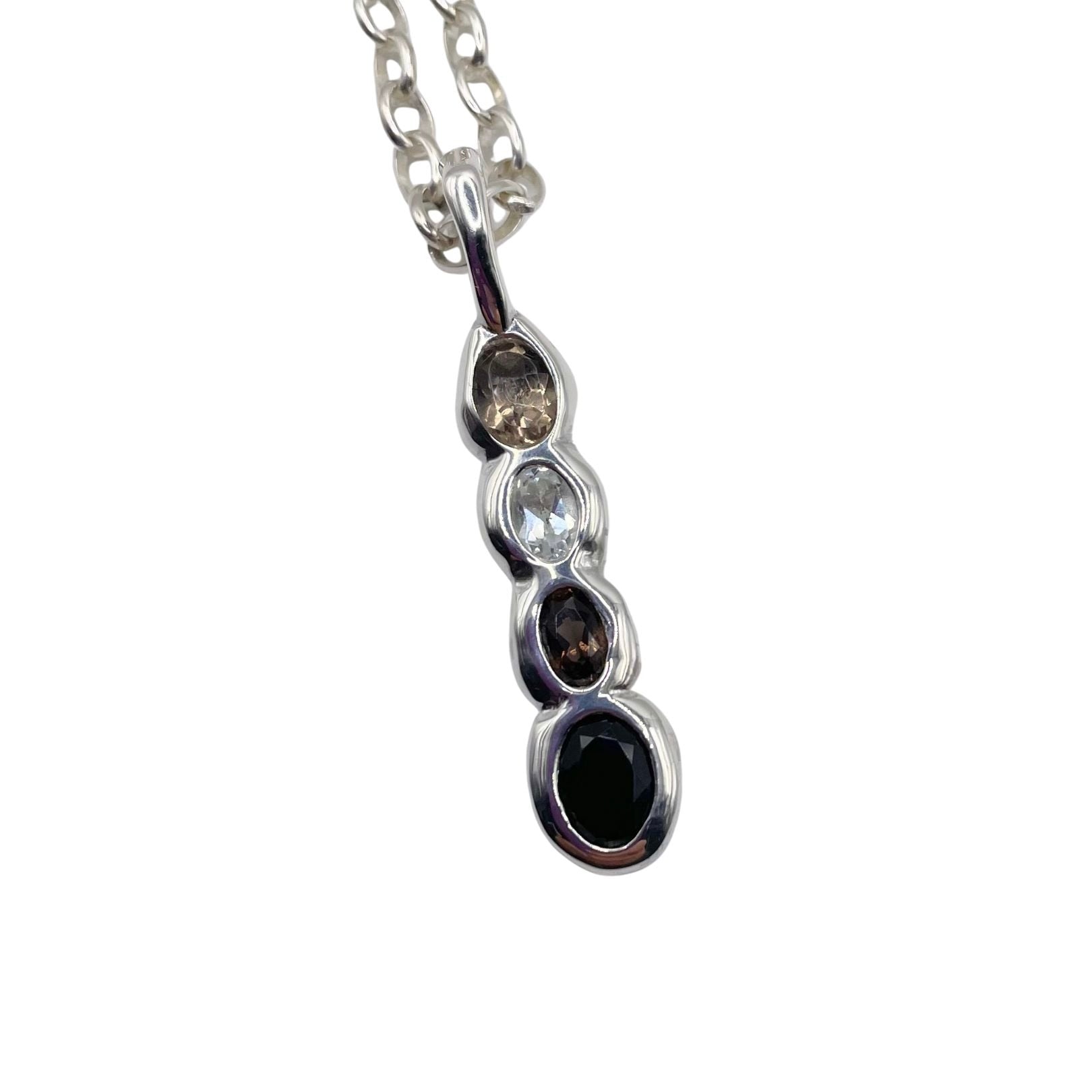Sterling Silver onyx, white topaz, smoky quartz necklace by Amy Delson