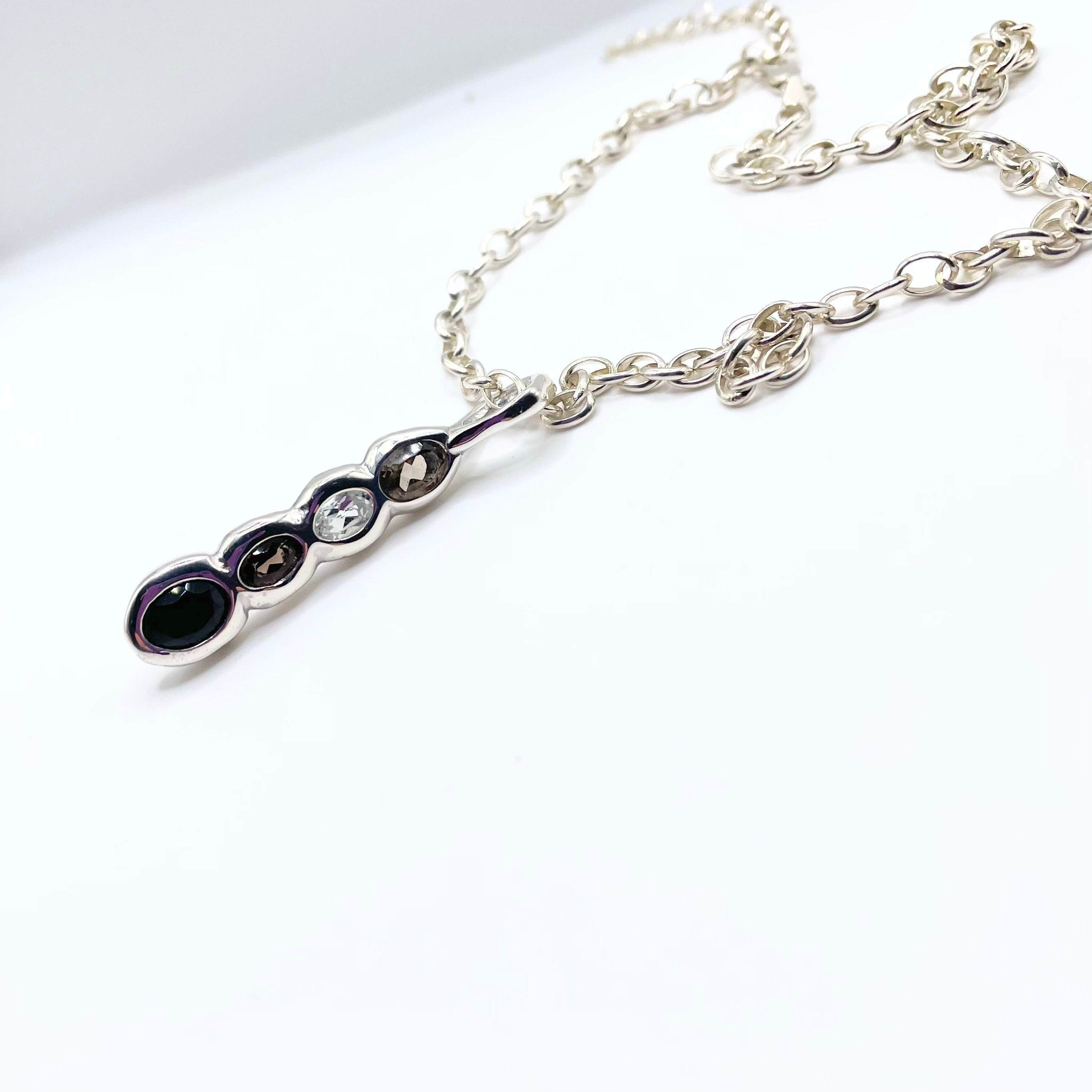 Sterling Silver onyx, white topaz, smoky quartz necklace by Amy Delson