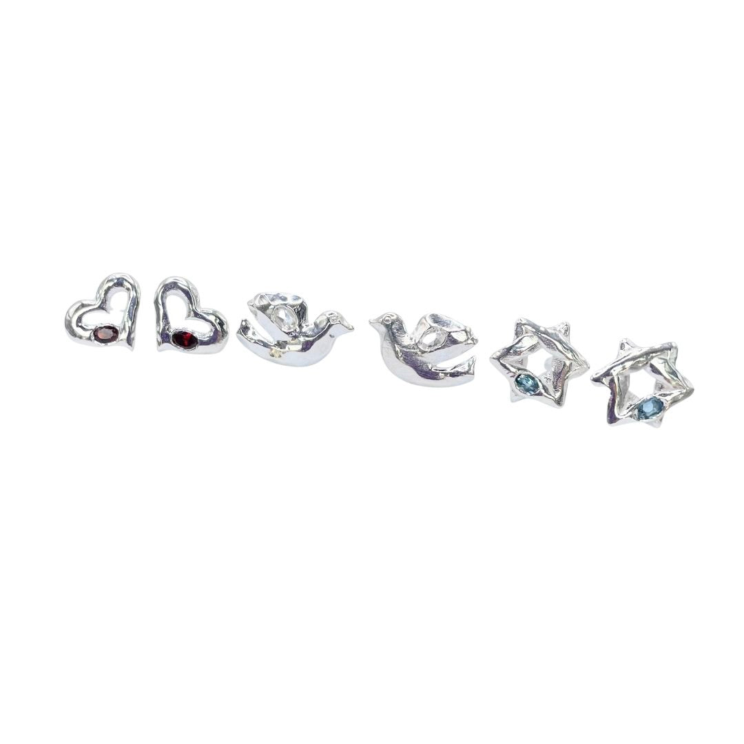 Sterling silver gemstone heart, dove and star earrings by Amy Delson