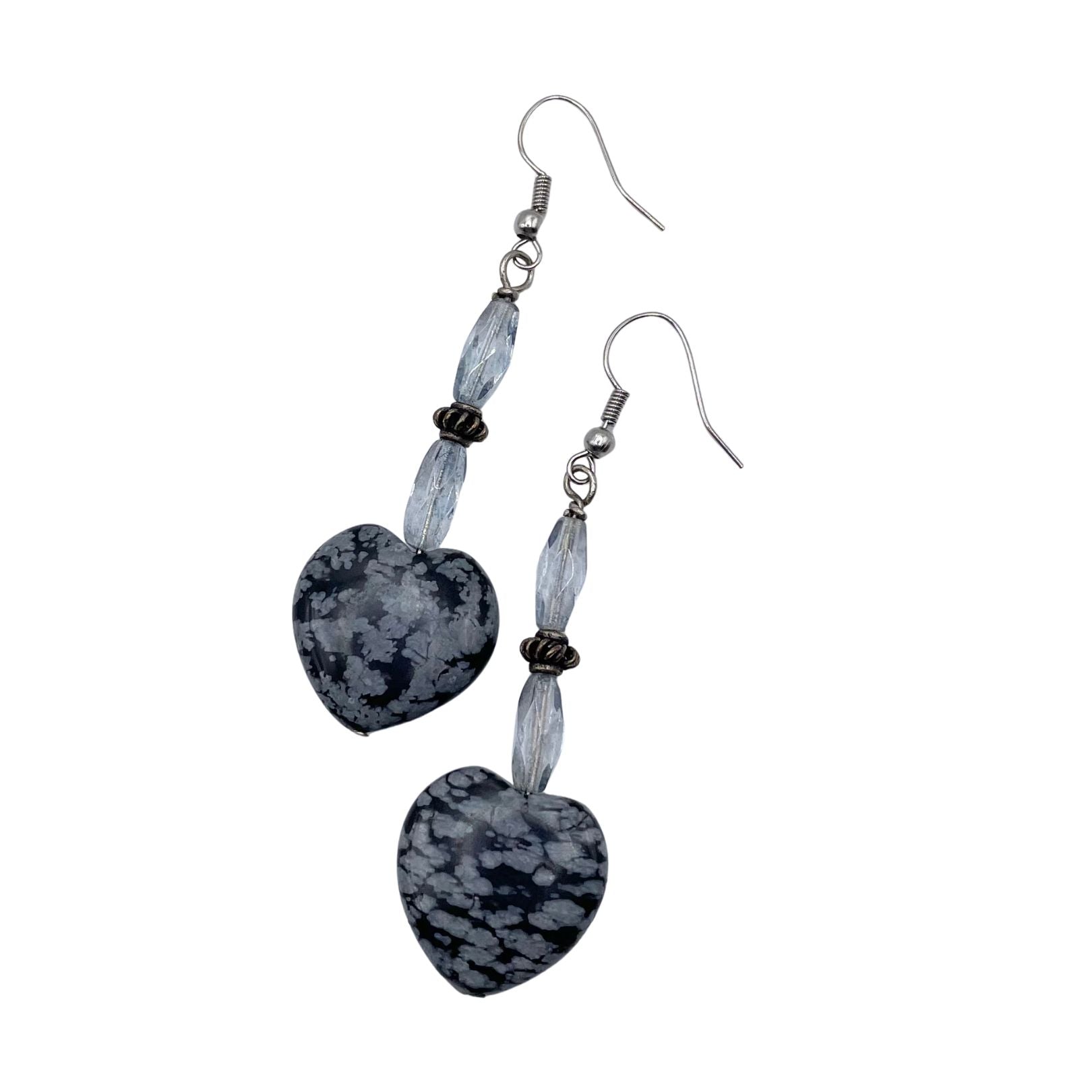 Snowflake obsidian heart earrings by Amy Delson