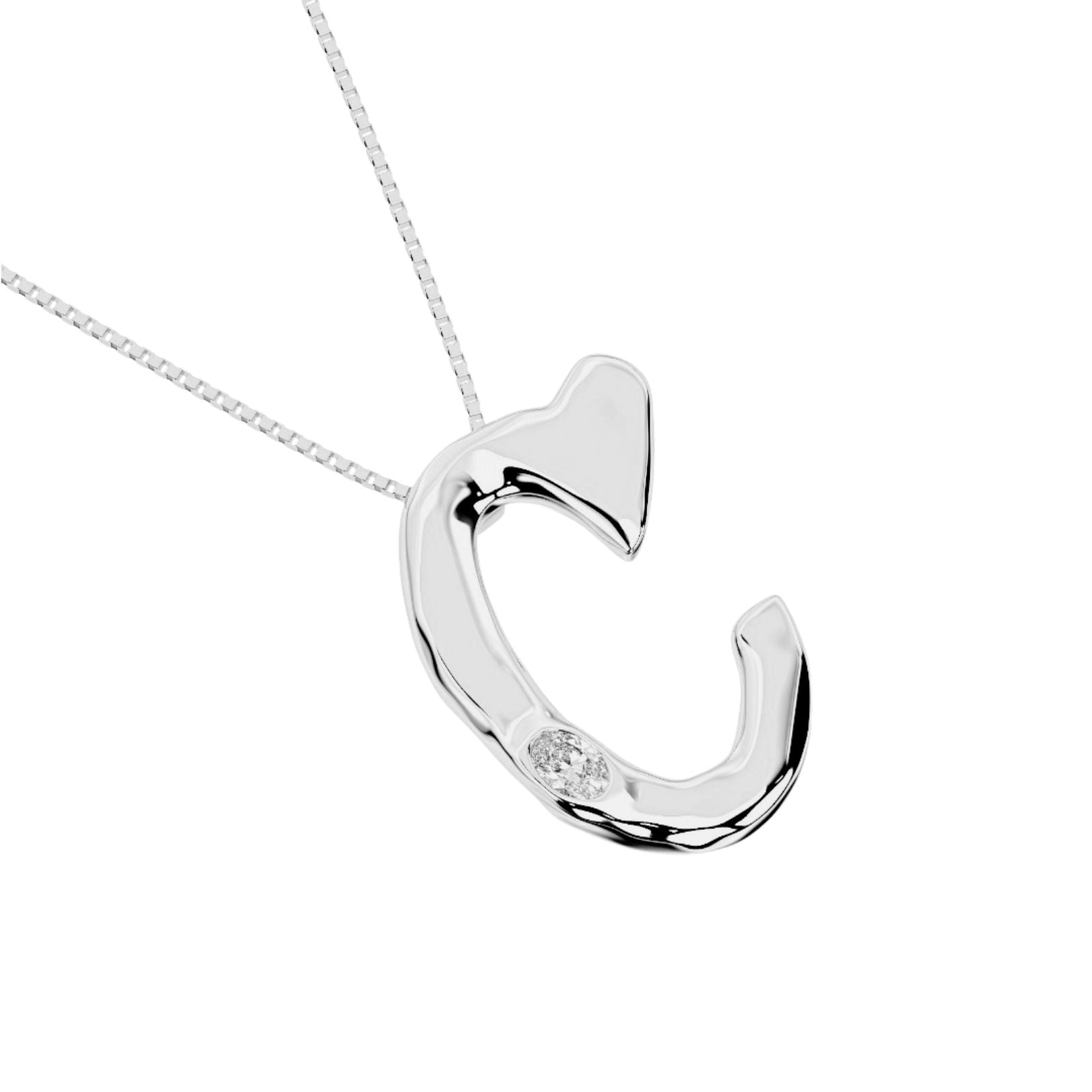 Letter C Necklace in 14K White Gold with Oval Lab Diamond