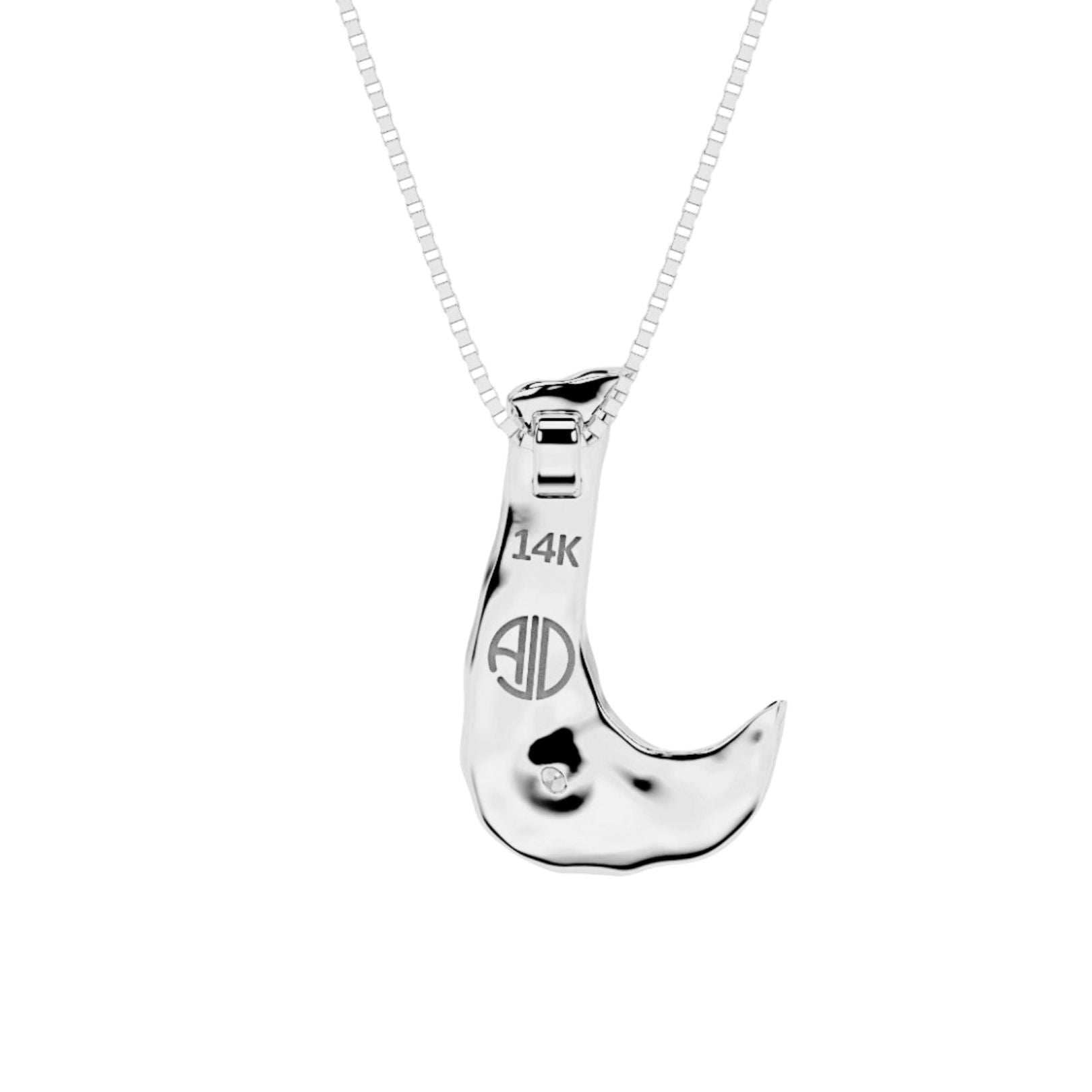 back of white gold with lab diamond letter J necklace by Amy Delson