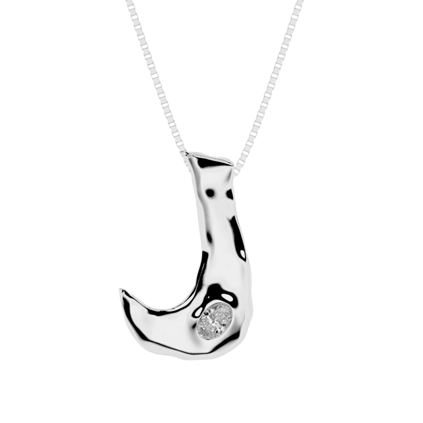 Letter J Necklace in 14K White Gold with Oval Lab Diamond