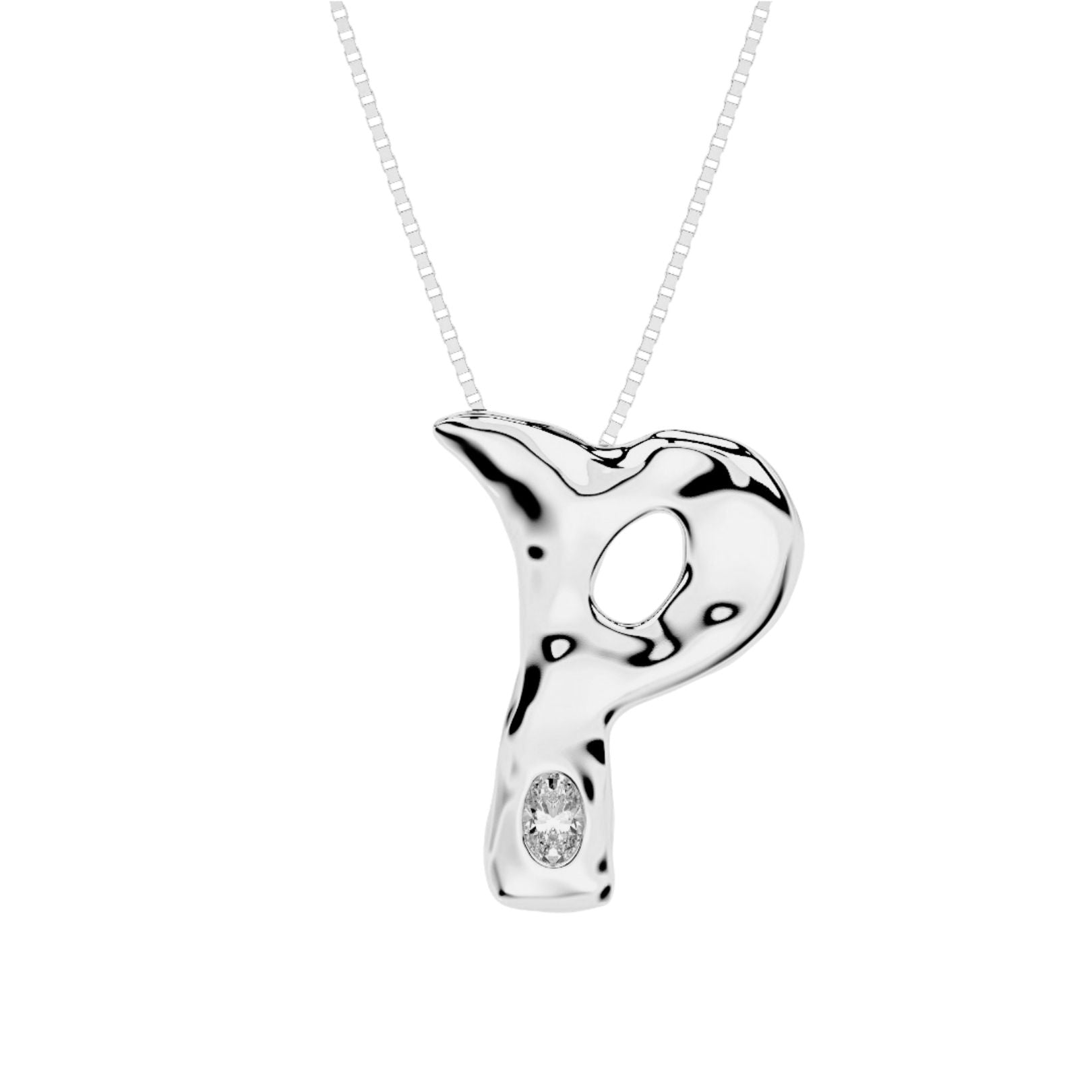 Letter P Necklace in 14K White Gold with Oval Lab Diamond