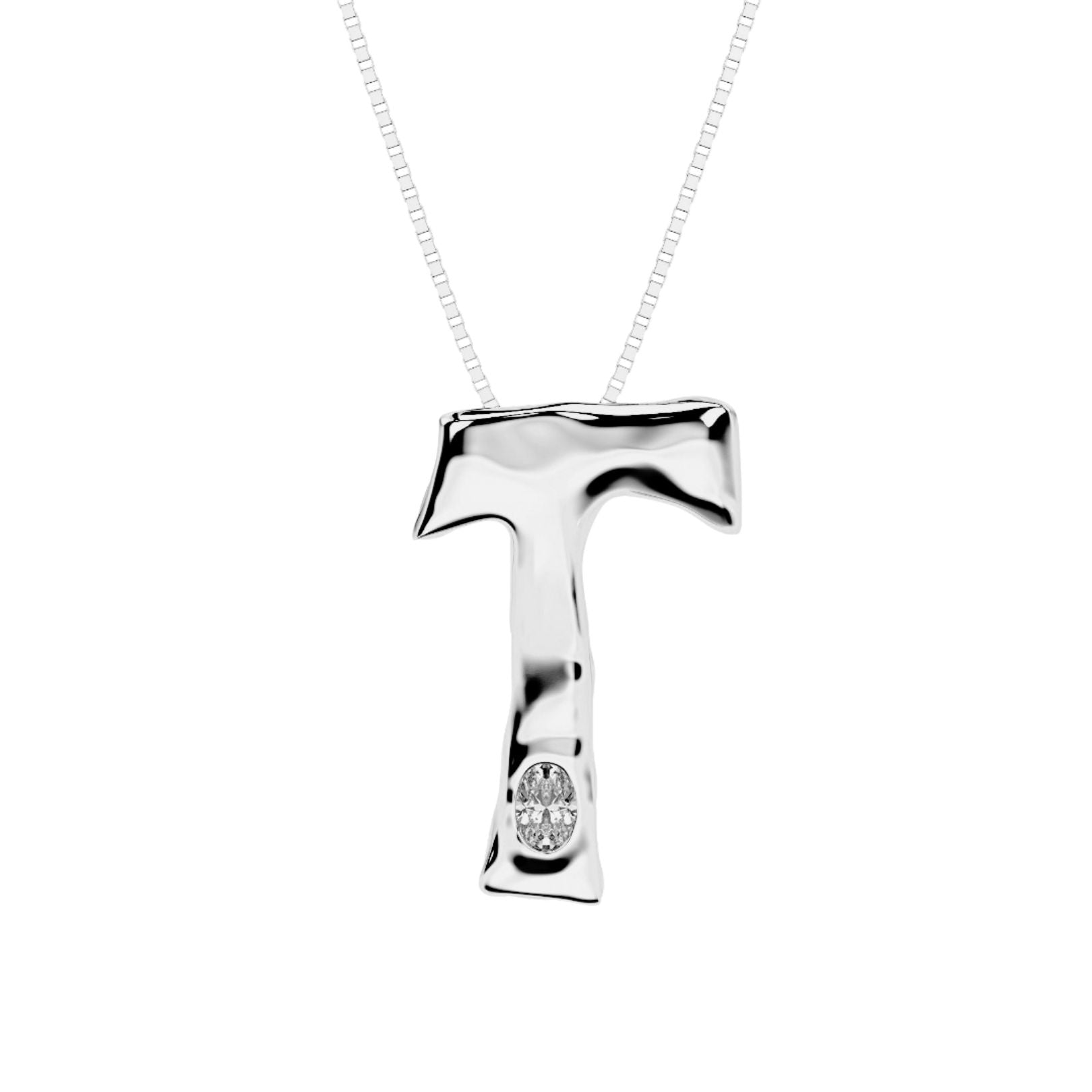 Letter T Necklace in 14K White Gold with Oval Lab Diamond