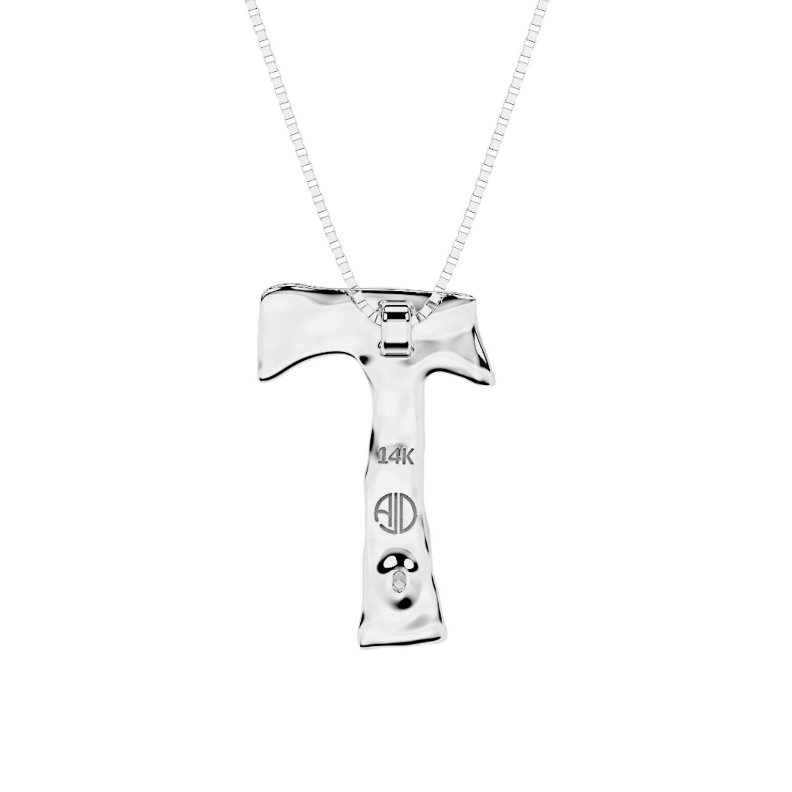 back view of white gold with lab diamond letter T necklace by Amy Delson