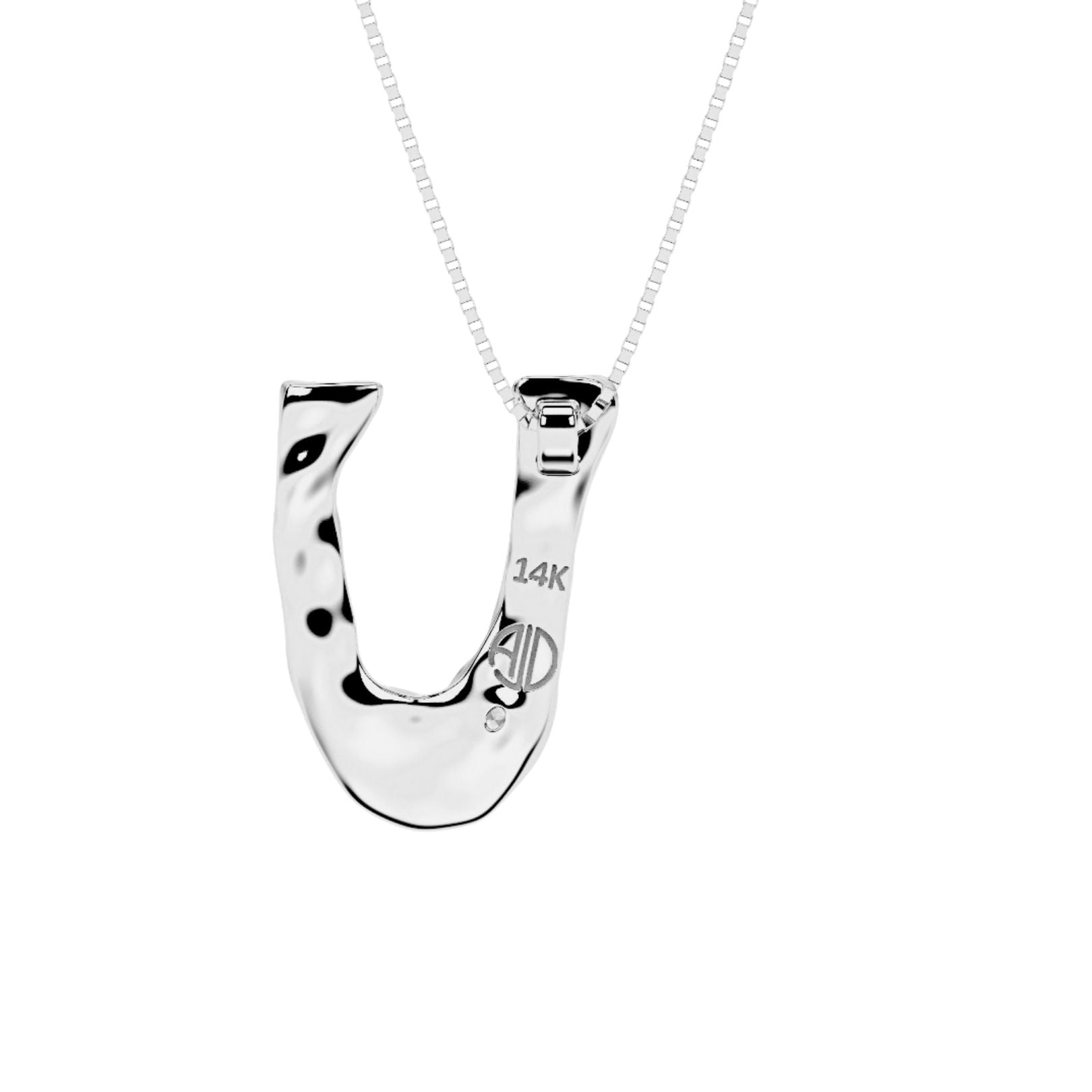 back view of white gold with lab diamond letter U necklace by Amy Delson