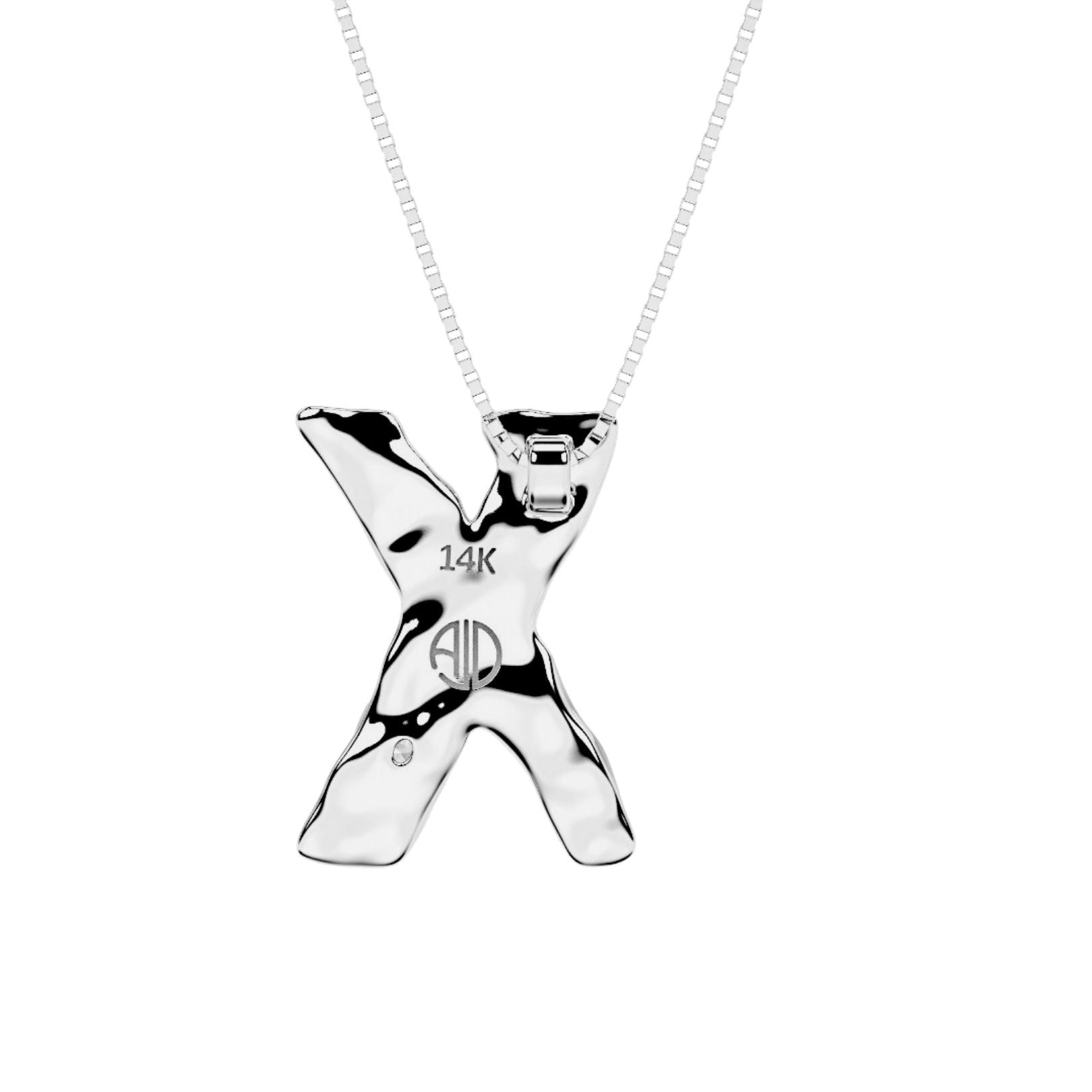 back view of white gold with lab diamond letter X necklace by Amy Delson