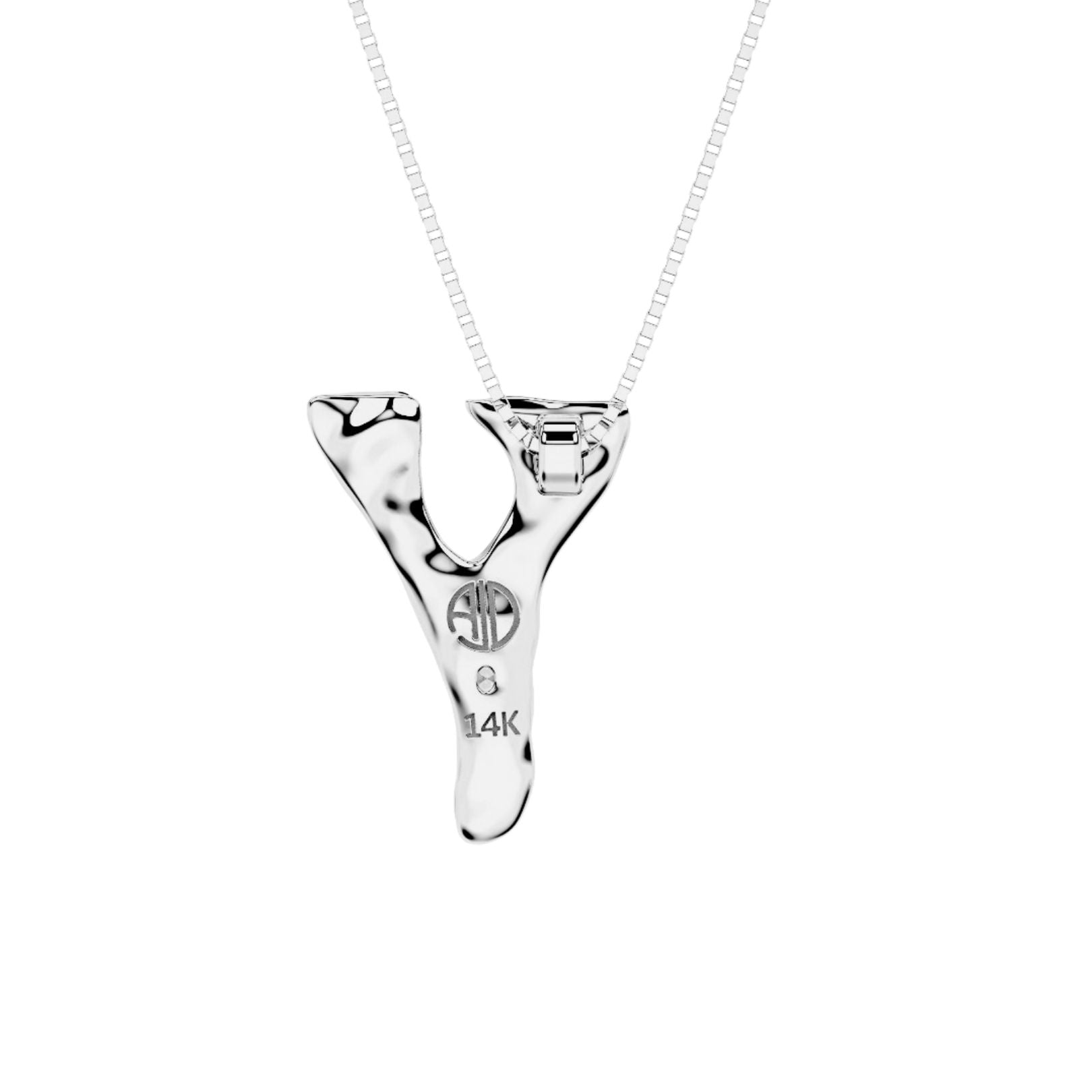back view of white gold with lab diamond letter Y necklace by Amy Delson