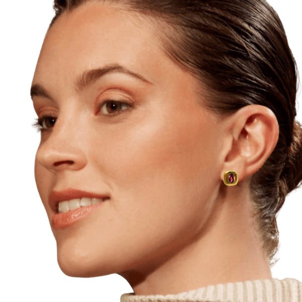 Model wears Amy Delson garnet gold stud earring