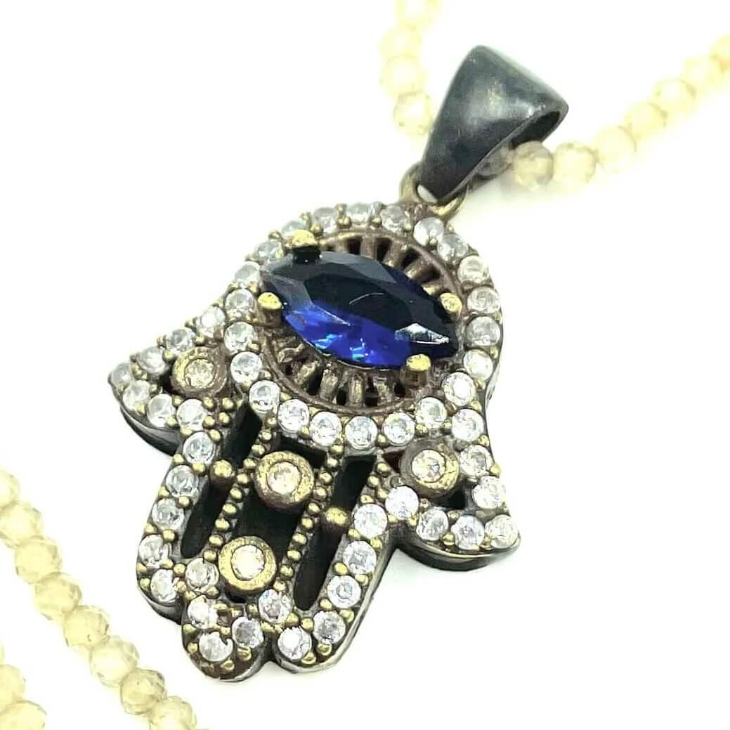 Charna - Champagne Quartz Blue CZ Hamsa Necklace