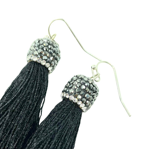 Silky Black Tassel Faceted Crystal Earrings