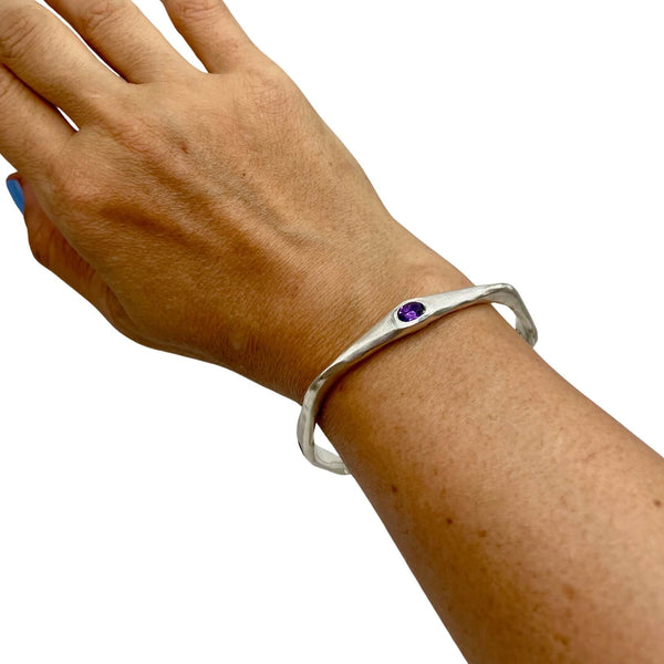 Amy Delson Amethyst Sterling Silver bangle shown on wrist