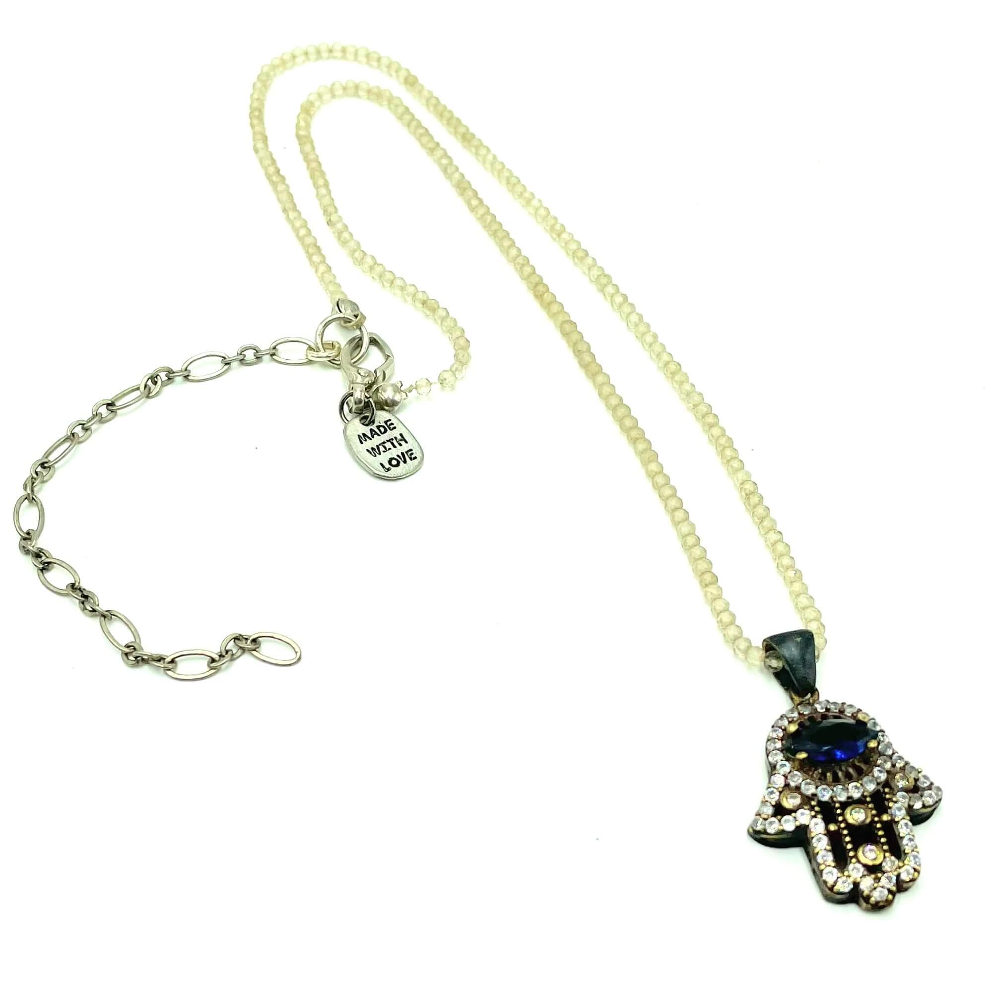 Charna - Champagne Quartz Blue CZ Hamsa Necklace