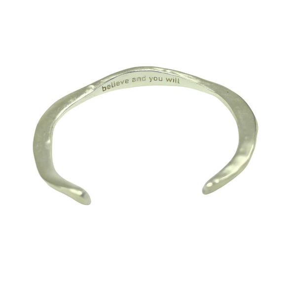 Silver cuff bracelet inscribed: believe and you will by Amy Delson