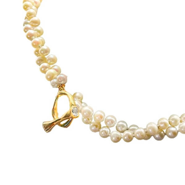 Pearl - Double Stranded Pearl Necklace with White Topaz, Blue Topaz, Amethyst or Garnet Gemstone Clasp