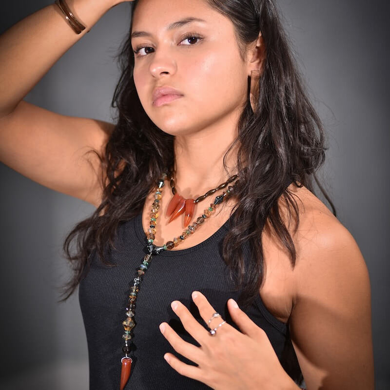 Model wearing Amy Delson Jewelry ensemble