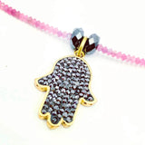 Silver Crystal Hamsa Necklace with Hematite and Pink Tourmaline by Amy Delson